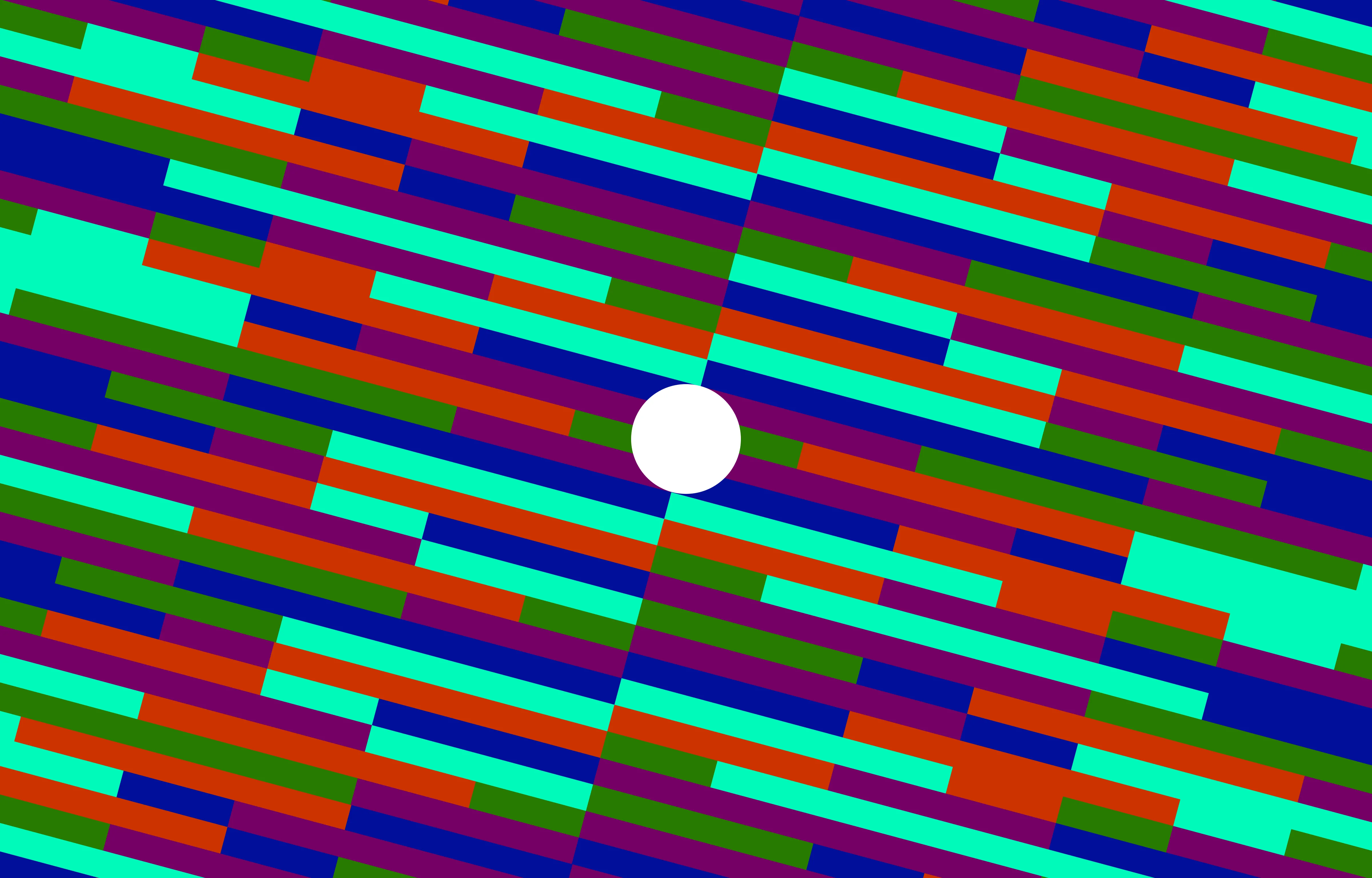 A geometric pattern of horizontal rectangles in bright turquoise, red, purple, blue, and green colors, with a white circle in the center. The colored blocks form parallel striped rows creating a vibrant, eye-catching abstract design.