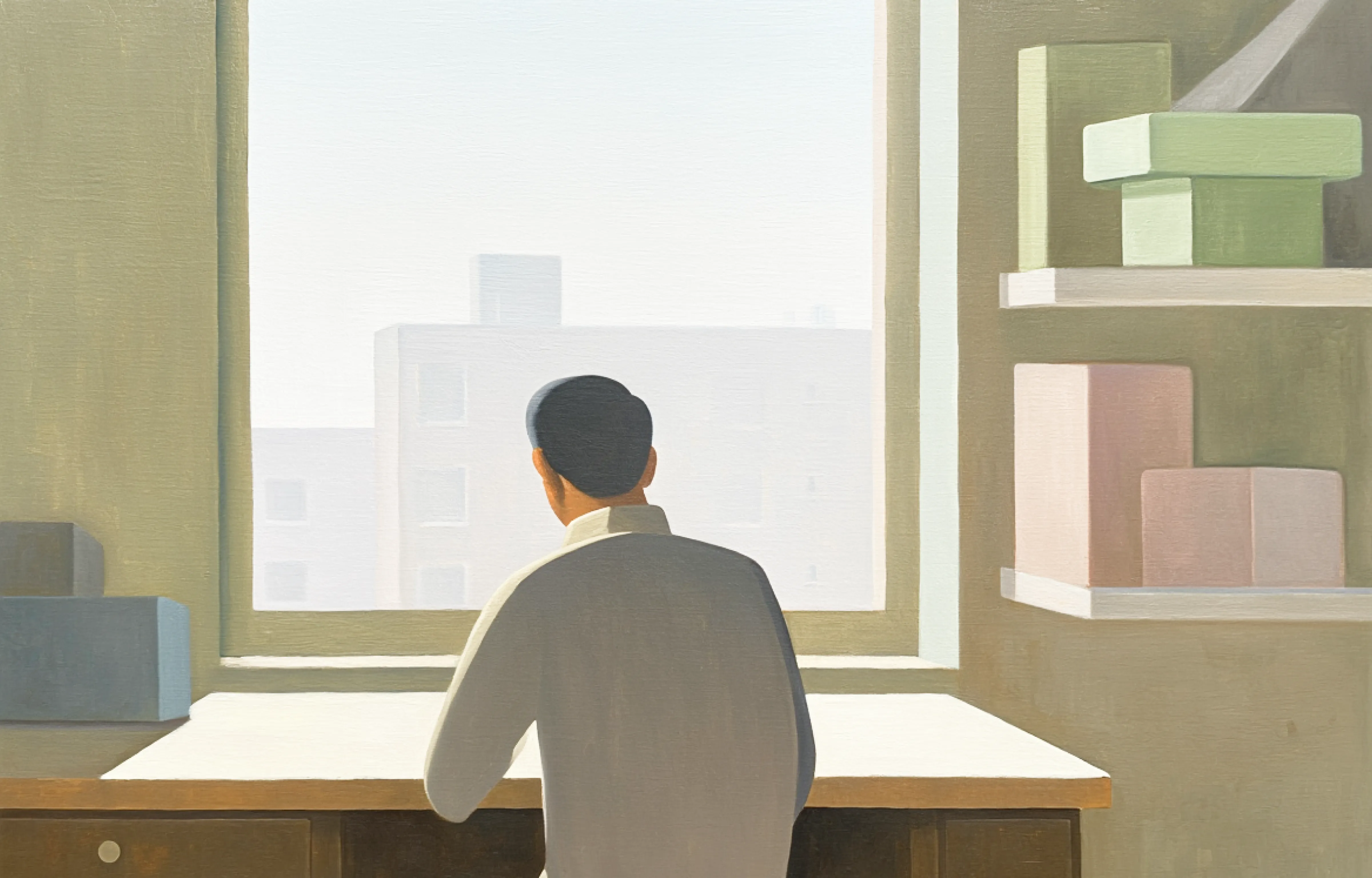 A person pondering against a desk under a window in a room